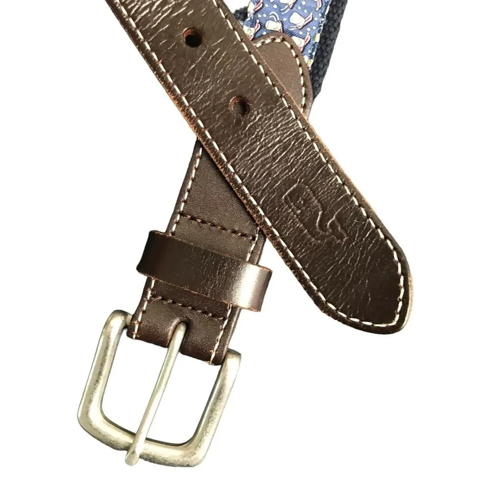 Vineyard‎ Vines Belt Mens 32 Navy Cocktail Sled Silk Canvas Club Leather Trim